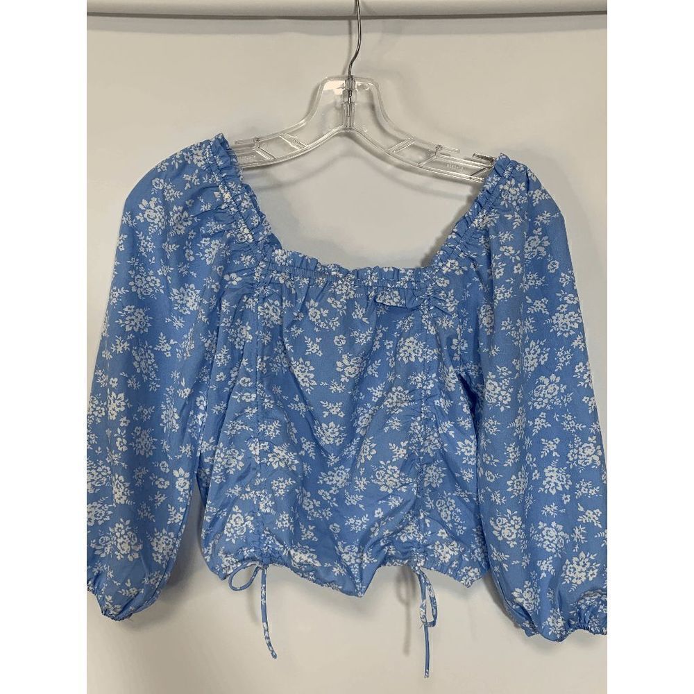 Speed Limit Womens Blouse Cropped Square Neck Drawstring Floral Blue Medium
